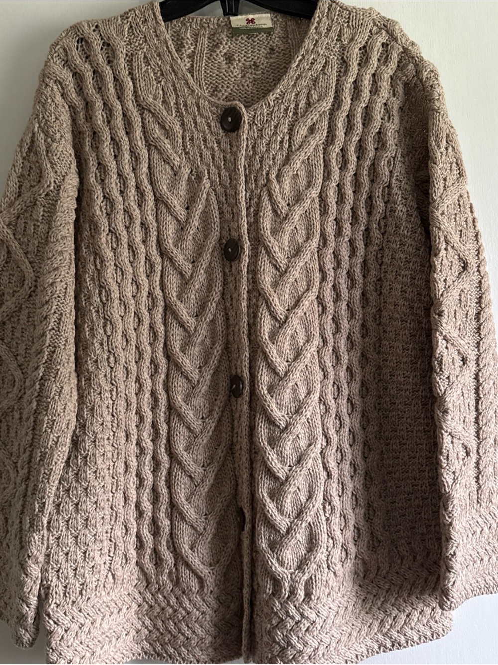 CarraigDonn Merino Wool Aran Cable Knit Cardigan Ireland Khaki Oatmeal XXL